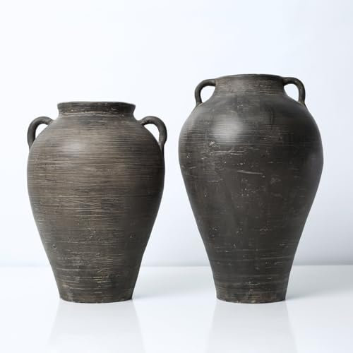 Ca. 30,5 cm hoch, anthrazitgraue Vase mit Zwei Griffen (10,9 cm Öffnung)