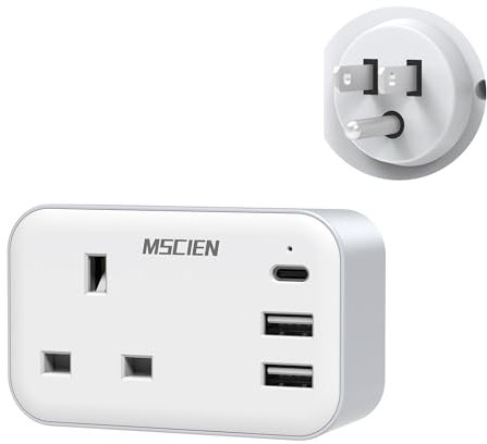 UK to US Plug Adaptor, Mscien USA Travel Adapter With 3 USB Ports (1 USB C), American Plug Adapter UK to US Thailand Mexico Canada And More, 4 In 1 Grounded Charger, Type B