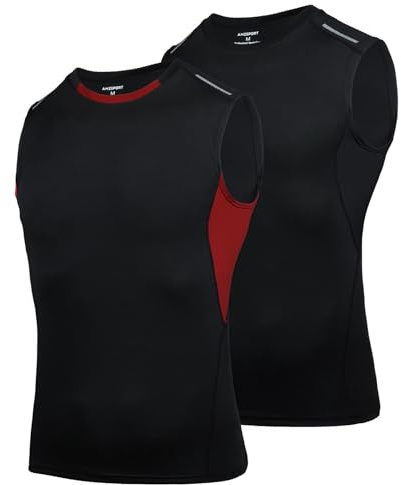 AMZSPORT Canotta Compressione da Uomo, Canottiere Palestra Maglietta Senza Maniche Maglie Sportiva Running Bodybuilding T-stirt, NeroRosso Rete M