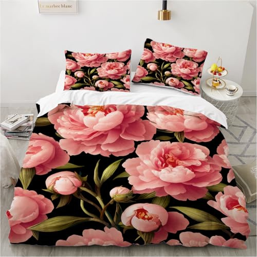 Luowei Bettwäsche 135x200 Blumen Motiv Rosa Floral Bettwäsche 3D Aesthetic Blumen Weich Kuschelig Mikrofaser Bettbezug Set 2teilig mit Reißverschluss und 80x80 cm Kissenbezug