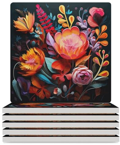 Untersetzer-Set, 6 Stück, bunte Blumen, Getränkeuntersetzer für Couchtisch, saugfähige Keramik-Untersetzer mit Korkboden, quadratische Untersetzer, rutschfest, 9,4 x 9,4 x 0,8 cm