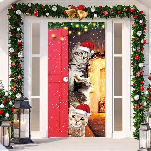 Chickwin Weihnachtstürabdeckung, Weihnachtsmann Türabdeckung Dekoration Tierdruck Weihnachts Party Banner im Freien Weihnachtsmann Hängender Hintergrund Banner Deko, 90x200cm (Katze)