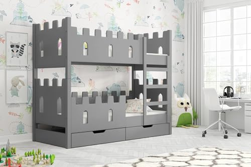 thematys Hochbett Etagenbett Schlossdesign mit Rausfallschutz INKL. 2 Matratzen Kinderbett für Jungen und Mädchen, robust, sicher, Zwei Schubladen, Lattenrost - 80x180cm aus Kiefermassivholz