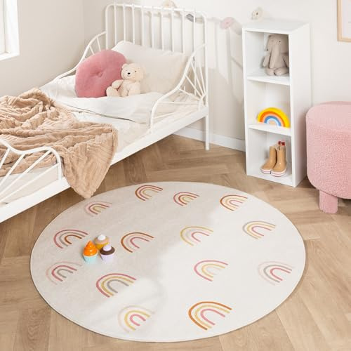 Little Olly Waschbarer Kinderteppich Rund - Evi Rainbow Bunt - Kinderzimmer, Babyzimmer - Jungen - Mädchen
