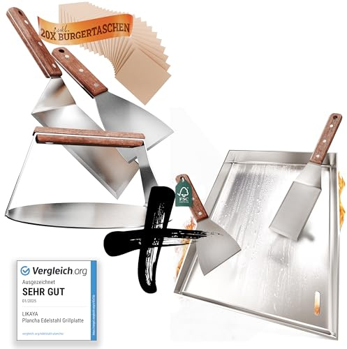 LIKAYA [BUNDLE] Plancha Edelstahl Grillplatte [30x40cm] + Burger-Smasher Set – 4x Grillspachtel & Burger Smasher mit FSC-Akazienholzgriff – Perfekte Smash Burger auf Deinem Grill!