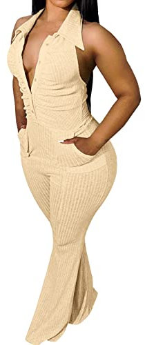 XUEJIANN Damen-Strand-Overall, Kragen, rückenfrei, Reißverschluss, langer Overall, Strampler, trägerlos, Straßenkleidung, siamesischer Pullover, Strampler mit V-Ausschnitt, beige, S
