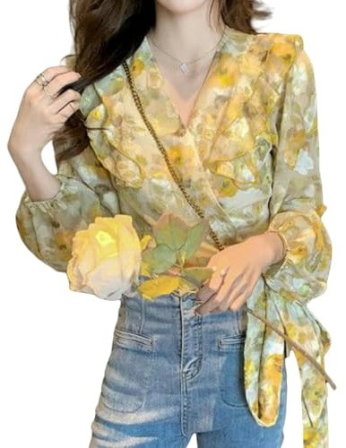 ARDZLALS Bluse e Camicie da Donna Camicia in Chiffon A Fiori Gialli per Donna in Primavera con Stile Corto A Pizzo con Ruffles, Top Delicato E Favoloso-Giallo-M 109-110 kg