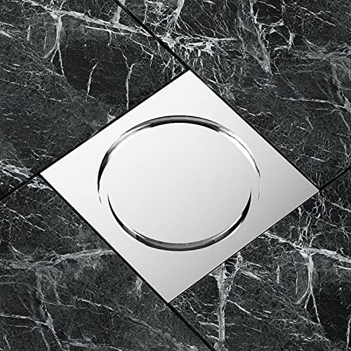 FOELANNE stainless steel shower drain 4Inch Square Shower Brass Shower Drain with Removable Cover Grid Grate, Floor Waste Drain Point Center with Hair Strainer for Basement(Chrome)