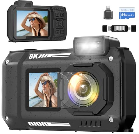 8K Waterproof Digital Camera Snorkeling: 70MP 33FT Compact Rugged Underwater Camera HD Dual-Screen with 18X Zoom Selfie 64GB Card & 2500 mAh Battery for Outdoor Scuba Diving Fishing Swimming Black