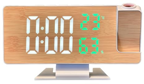 Ksikdeg Réveil d'alarme multifonctionnel en bois avec projection LED et grand écran d'affichage de la température et de l'humidité pour la maison