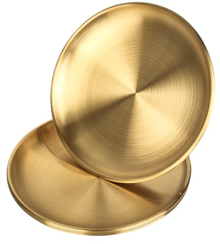 bssmmai 5 stycken rostfria tallrikar, rostfritt stål runda rätter Φ 20 cm, grilldish, kakform, bricka, oval tallrik, köttdish, risplatta för camping, picknick, vandring, kök, fest (guld)