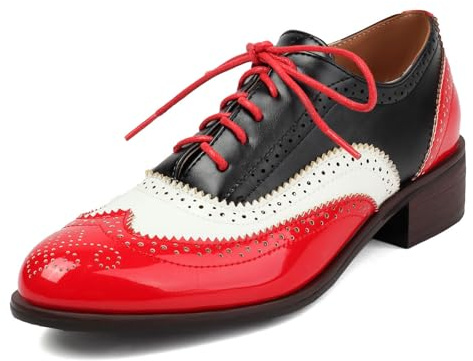 Galindopia Unisexo Oxford Zapatos Mujer Two Tone Perforated Wingtip Brogue Retro Low Heel Cordones Saddle Zapatos Spectator Crown Patent Red Plus Size 38