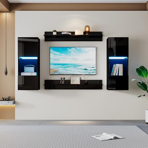 Set de muebles de TV Soweiz, juego de estanterías de pared 4 piezas, armario de pared LED y 2 estantes – Iluminación inteligente controlada por APP, superficie de alto brillo y puertas de vidrio