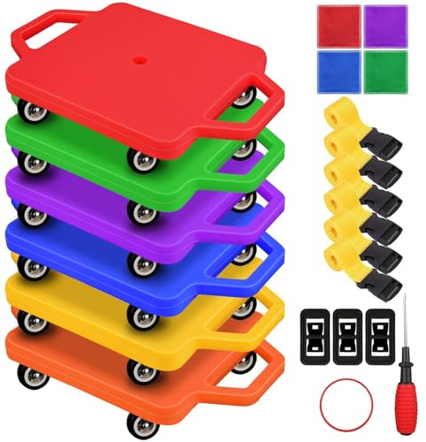 6 Pcs Sports Scooter Board with Handles,Sitting Scooter Board for Kids Children Gym Indoor Outdoor Activities，Equipped with Various Skateboard Accessories (6Colors)