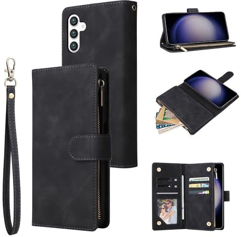 QLTYPRI Case for Samsung Galaxy S25 FE, Large Capacity Leather Wallet Case 6 Card Holder & 1 Zipper Pocket Kickstand Wrist Strap Magnetic Protective Cover for Samsung S25 FE - Black