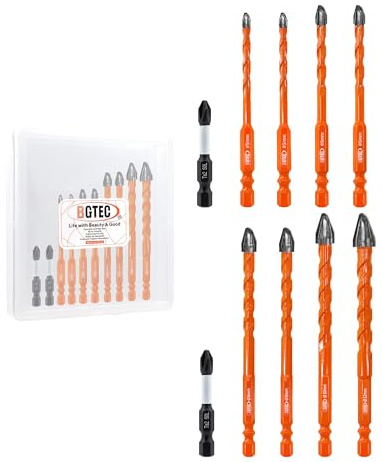 Forets en Carbure Cémenté BGTEC - 10 Pièces Foret excentrique Multi-Matériaux Ø 5-12 mm avec embout de tournevis PH2 pour Carreaux Céramiques Briques Béton Plastique Bois Verre Marbre