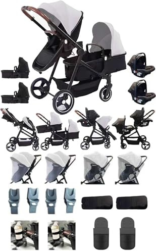 Rexhan Twin 4 in 1 Reversible Travel System, Foldable Double Baby Buggy, Twin Toddler Pram, Pushchair, Tandem All in One Stroller, Lightweight, Portable Baby Carriage, Newborn 0-4 Year, Aluminium