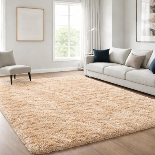 JOYARR Hochflor Wohnzimmer Teppich, Flauschig Waschbar rutschfest Moderne Teppiche für Schlafzimmer Büro Esszimmer Kinderzimmer Spielzimmer, 120x170 cm, Beige