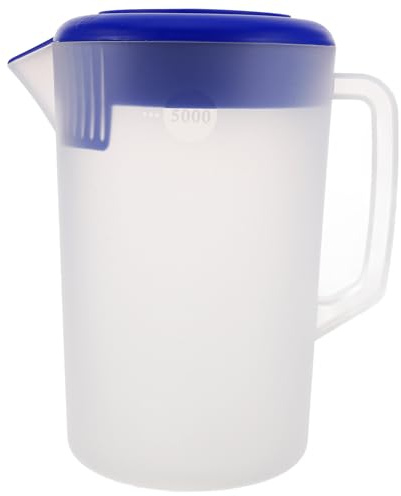 5 L Plastic Water Pitcher with Lid for Fridge, Large Capacity Jug | Frosted Measurement Marks, Base, Ergonomic Handle, Mixing and Serving Drinks