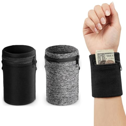 VEOIRXU 2 Paires Reißverschluss Handgelenk Beutel Mit Tasche Sport Handgelenktasche Handgelenk-Geldbörse Schweißabsorbierende Armbänder Für Laufen Spazieren Joggen Fahrrad Und Yoga (Schwarz+Grau)