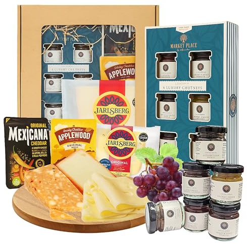 Luxury Cheese Wedges & Chutney Hamper - Gift Box of 3 x 185g Smoky, Chilli Cheddar Cheeese with 6 Assorted Flavour Chutneys. Hamper Gifts for Couples, Gifts for Women, Birthday Gift