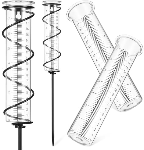 Veemoon Pluviomètre en Verre Installation Facile et Nettoyage Simple avec Piquet en Spirale en Fer avec Tubes de Remplacement Gradués pour Jardin et Pelouse