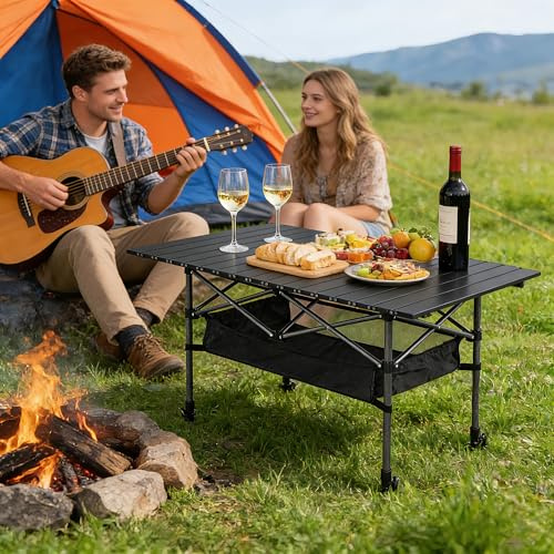 SogesGame Großer Klapptisch Camping Höhenverstellbar, 120 x 55 cm Tragbarer Outdoor Picknicktisch mit Aufbewahrungsnetz & Tragetasche, Stabiler Rolltisch aus Carbonstahl für Camping, Grillen, Angeln