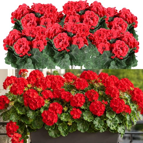 Artificial Geraniums for Outdoors 6 Bundles Red Artificial Flowers Outdoor