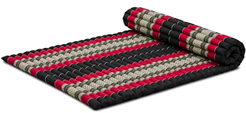 livasia Rollmatte Rollmatratze L breit bequem - 200x110x4,5cm - Gästebett Gästematratze 1 Person, Reisebett Kofferraum outdoor, Thaimatte Kapok Garten Balkon handgefertigt (Schwarz/Rot)