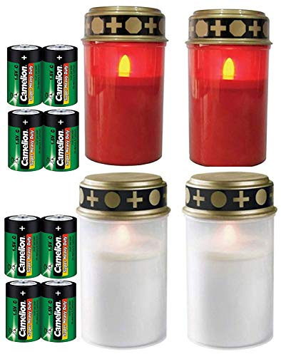Fachhandel Plus 4er Set Grablichter rot und weiß, LED Kerze, Grabkerze, Flackereffekt, inkl. Batterien