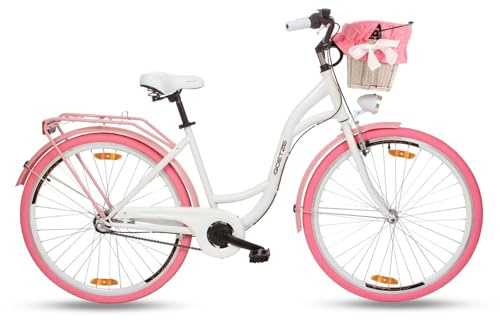 Goetze Style Damen Citybike 26/28 Zoll, Retro Fahrrad mit 3-Gang | 17/18 Zoll Tiefeinsteiger, Shimano Nexus Nabenschaltung mit Rücktritt, LED-Beleuchtung, Rattankorb, Gepäckträger & Klingel