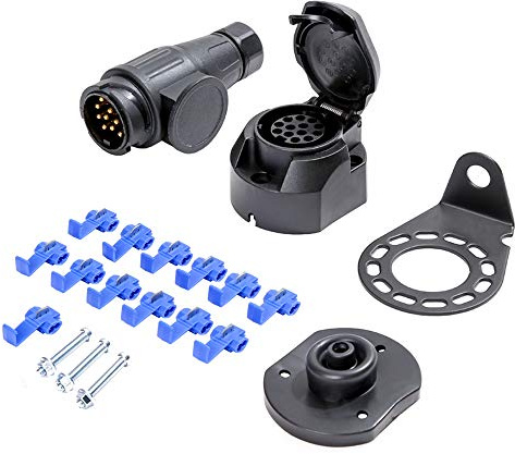 TAEUYYM Prise Remorque & Prise 13 Broches Et Kit Support de Montage Métal,12V Étanche Prise Remorque Male Femelle, avec Coussin Étanche en Caoutchouc,Prise 13 Broches pour Remorque RV Voiture Caravane