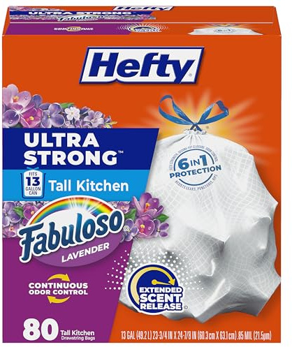 Hefty Ultra Strong 13 Gallon Trash Bags, Tall Kitchen Trash Bags 13 Gallon Size, Resist Leaks, Punctures, and Rips, Continuous Odor Control, White, Fabuloso Lavender Scent, 80 Bags