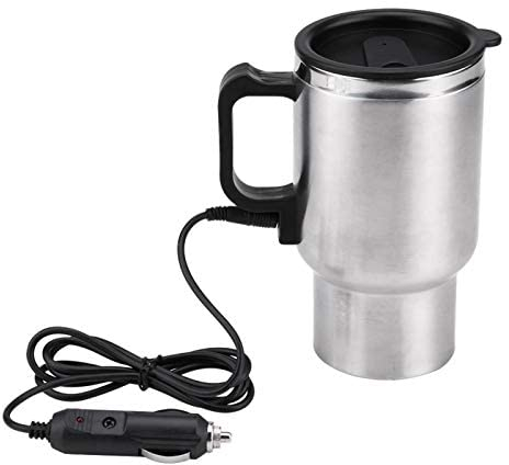 Car Heating Cup, Electric Tea Kettle Mug Heated Travel Portable Stainless Steel Boiler Coffee Drinking Cup Bottle Thermal Water Insulated Airtight Anti Spill Lid Cigarette Lighter Cable 450ml 12V