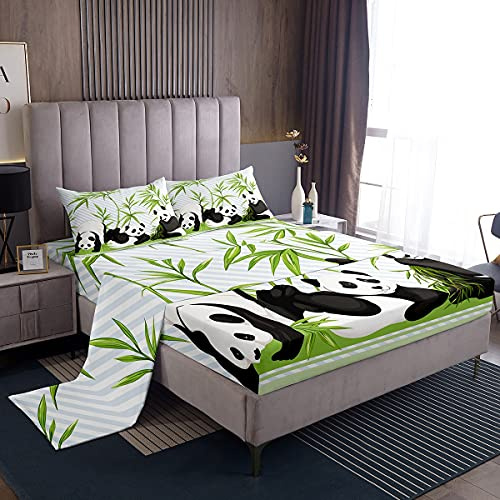 Loussiesd Set di biancheria da letto per bambini, ragazzi, ragazze, adolescenti, con panda gigante, foglie verdi, 4 pezzi, per letto king size