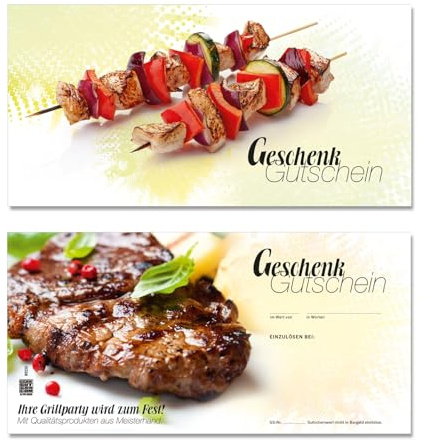 GESCHENKGUTSCHEINcom - 25 Blanko Gutscheinkarten - Formular mit Motiv für Fleischhauerei Fleisch- und Wurstwaren M9236-25