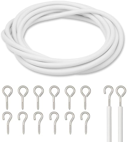 Trimming Shop Netzvorhangdraht & Haken Set | 10 m Vorhangschnur mit 10 Haken & 10 Ösen | zuschneidbar, langlebig, Mehrzweck-Kabeldraht-Set für Netzvorhänge, Voiles & mehr – Weiß