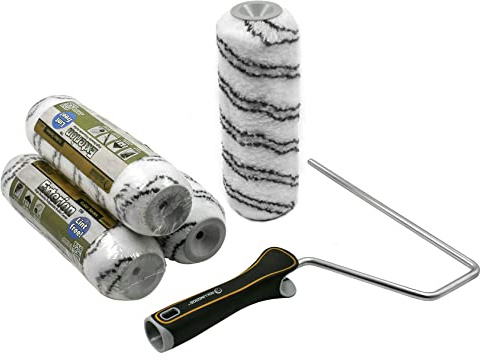 ROLLINGDOG Malerwalzen-Set, 22,9 cm, 18 mm lang, 5 Stück | 1 Rollenrahmen und 4 Polyamid-Rollenhülsen, fusselfrei, passend für konische Stangen, für raue und äußere Oberflächen