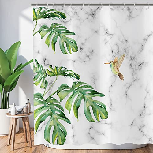 Hnmdmyi Cortina de Ducha Hojas Verdes 165x180, Tropical Hojas de Palma colibrí en mármol Gris y Blanco Cortina de baño Cortina de baño de Tela de poliéster Impermeable Lavable para baño con Ganchos