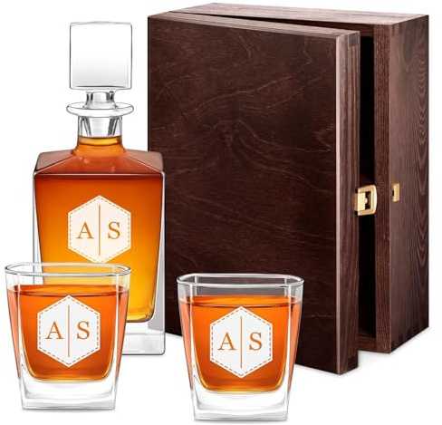 Maverton kit Caraffa con 2/4/ 6 bicchieri per whisky - Decanter con incisione personalizzata - da 810 ml per anniversario o nozze - Bottiglia da whisky in vetro - pensiero per coppia - Esagono