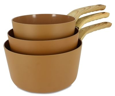 MENASTYL - Set de 3 casseroles Colorama noisette - Casserole 16/18 et 20 cm - En aluminium - Revêtement antiadhésif en céramique - Tous feux dont induction