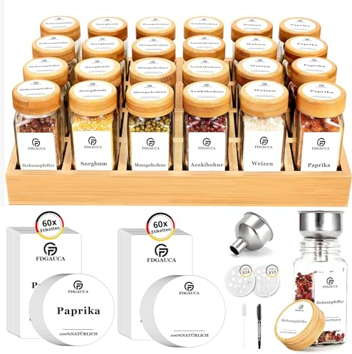 MRVNN 24 Gewürzgläser Eckig mit Gewürzregal aus Bambus, Gewürzdosen Glas mit 120 Schneeweißen Deutschen Etiketten, Gewürzbehälter mit Große Edelstahltrichter, Leicht zu Bewegende Gewürz Organizer