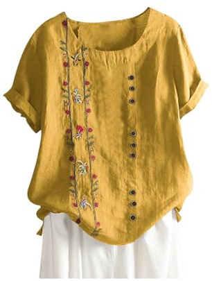 Tallas Grandes Camisetas Manga Corta Mujer,Camisa Lino Mujer de Cuello en Redondo con Botones Moda Lino y Algodón Camiseta con Floral Estampado Casual Corte Suelto Multicolor Pullover Tops