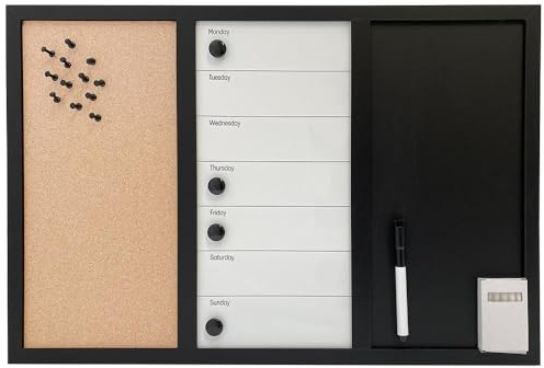 DisplayLager Tableau combiné 3 en 1 pour planification hebdomadaire, en liège et tableau noir, avec 1 marqueur, 4 aimants, 12 broches, 5 craies, 50 x 70 cm