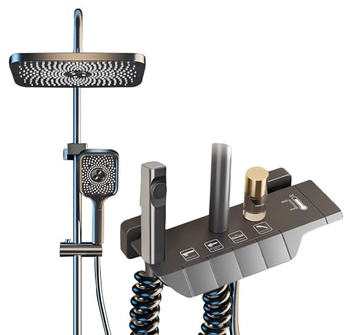 WRMING Colonna Doccia con Miscelatore, Set Doccia con Soffione (30x20 cm) e Doccetta, 3 Modalità, Doccia Soffione Completo, Altezza Regolabile, In Acciaio Inox, Grigio