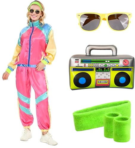 HarnyLoom 80er 90er Outfit Jahre Damen Herren Kostüm Retro Trainingsanzug Disco Verkleidung mit Stirnband Armbänder Kostüm für Halloween Karneval Party (Rosa, L)