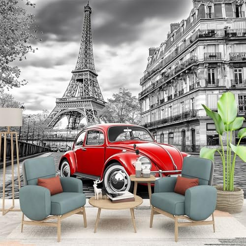 Papier Peint Panoramique Vieille voiture rouge, 350 x 256 cm Bâtiments anciens à Paris Papier Peint Intissé Personnalisé Photo Murale pour Salon Chambre d'enfants Appartement Décoration Murale