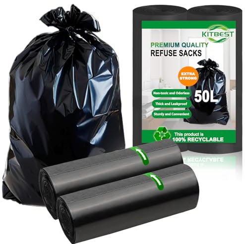 Heavy Duty Bin Bags 50 Litre, KITBEST Recyclable Black Bin Liners, 40 Plastic Rubbish Garbage Trash Dustbin Bags, 50L Sustainable Refuse Sacks for Large Home Office Kitchen Garden Waste Bin (60x80cm)