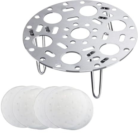 Qaixwuyi stainless steel steam frost with 50 steamers paper round steaming rack with holes for eggs cooking rack steamer insert cake grate for pots vegetables fruit dumplings bread 17.5 x