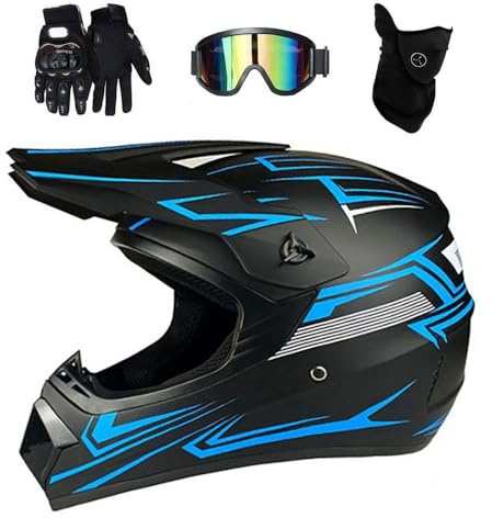 Youth Kids Fashion MTB Motocross Helmet, Full Face Off Road Street Motorbike ATV Scooter Helmets, Downhill Enduro BMX Quad Dirt Bike Crash Helmet, with Goggles Gloves Mask